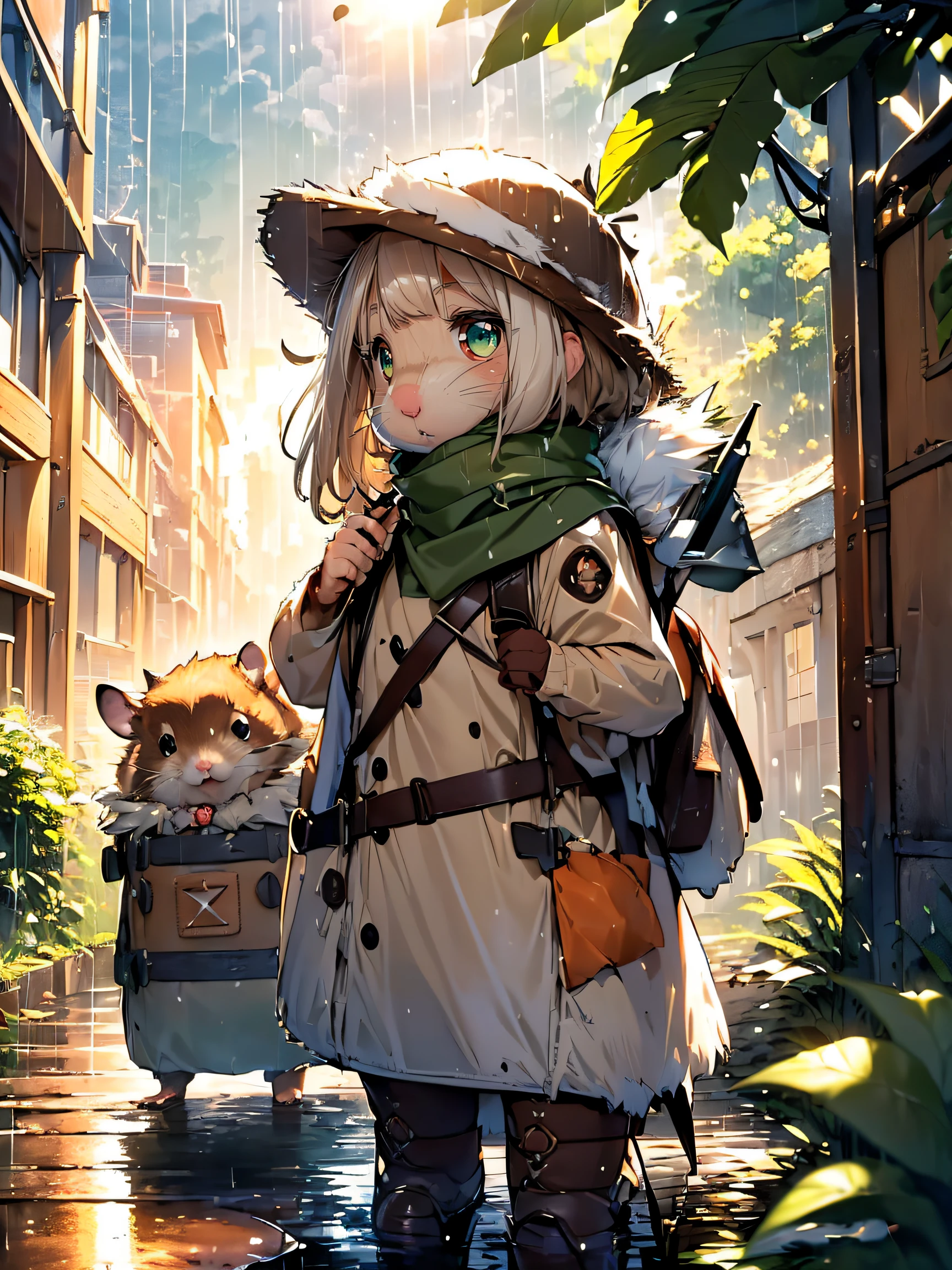 (hamster adventurer:1.2), (brown and white fur:1.4), ((backpack with essentials, Compatible with anything):1.5), ((leather hat, protects from sun and rain):1.2), (Green Scarf:1.3), (compass:1.3), (long boots:1.2)