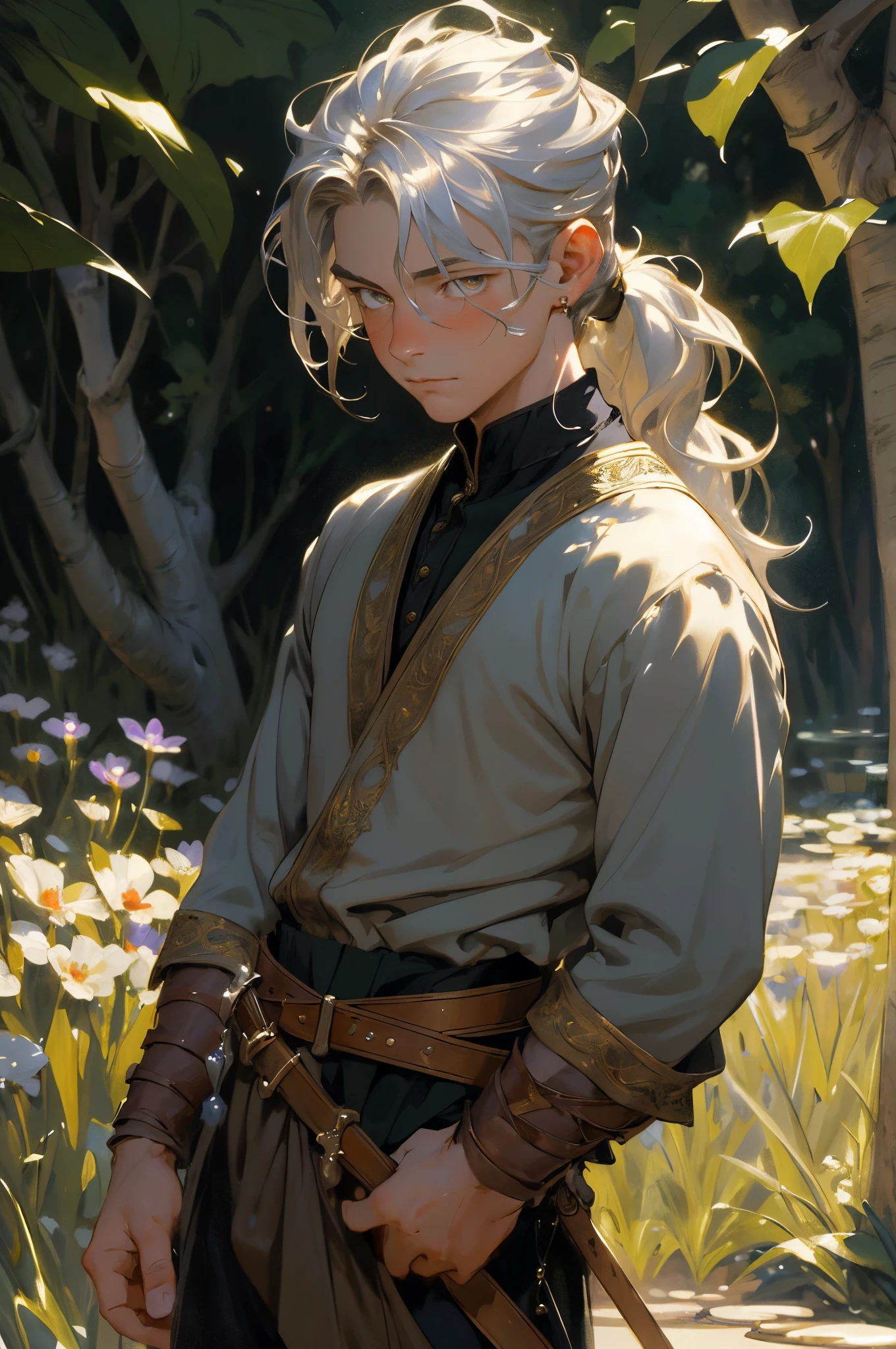 moody lighting, tranquil, calm, glow, masterpiece, best quality, 8k quality, detail eyes, detail hairs, masterpiece, best quality, John Singer Sargent, (1 boy), (young face), fairies prince, masculine, silver ponytail, oil painting portrait, simple background