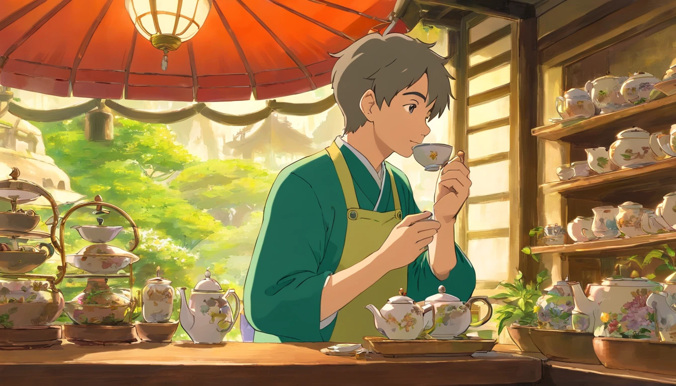 Tea shop,Man smelling tea leaves