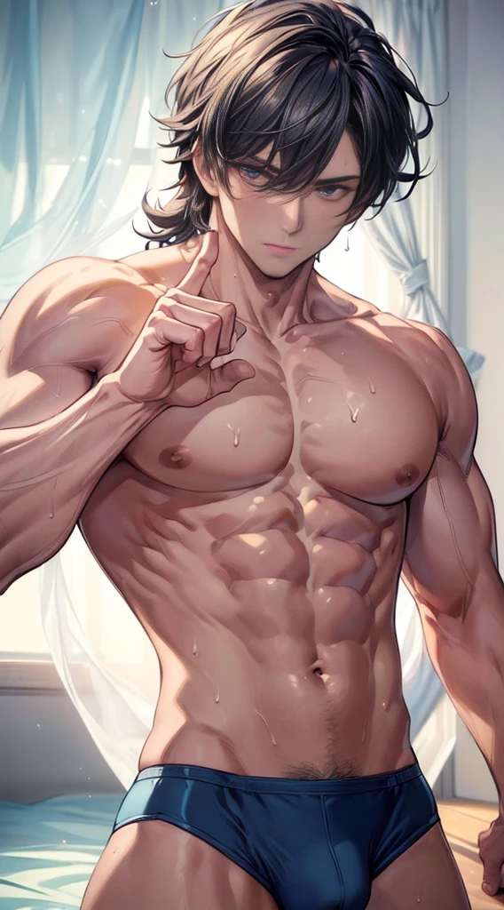 (masterpiece best quality 8k ultra-detailed:1.5) ultra realistic, solo playboy, muscular handsome (((perfect face,perfect eyes))) (topless), anime style, illustration, (underwear, big bulge), sweat,manly,realistic shade, sharp, detailed beautiful face and eyes, perfect beautiful body, perfect hands, ((dynamic pose)), shiny skin
