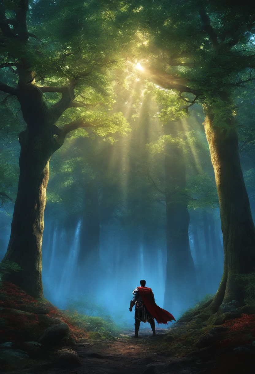 Guts from berserke, at age 28,covered in wonds, look slightly tierd and with a slight smile, setting alon under a tree at a drk forest, the tree slightly glows with blue cloer.