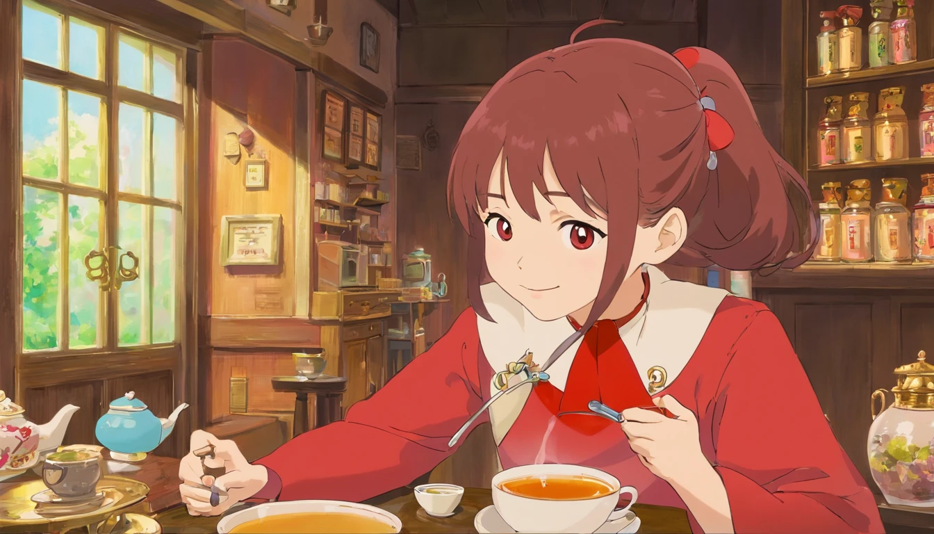 Younger sister，Smiled happily，Younger sister，7 years old，Red clothes，Tea shop