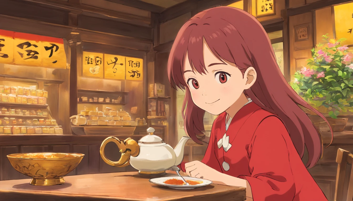 Younger sister，Smiled happily，Younger sister，7 years old，Red clothes，Tea shop