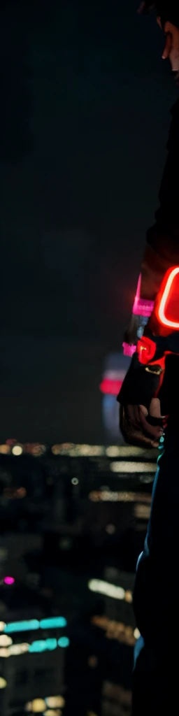 8k, highest quality, ultra details,man standing on a building , turning back, looking to the city underneath him, night, city is full of neon light, big city