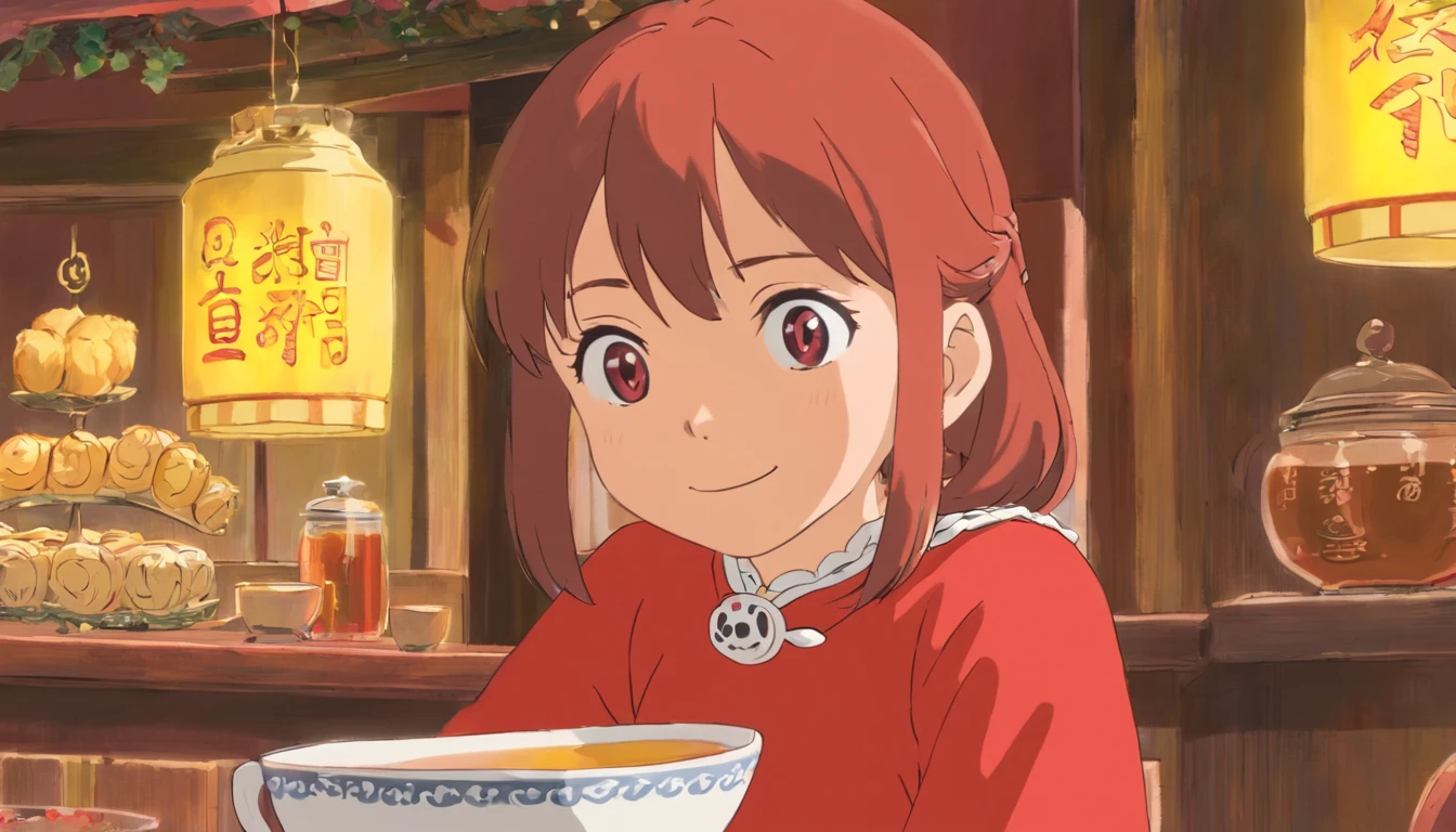 Younger sister，Smiled happily，Younger sister，7 years old，Red clothes，Tea shop，Close-up