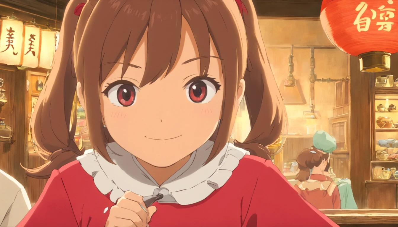 Younger sister,Smiled happily,Younger sister,7 ,Red clothes,Tea shop,Close-up
