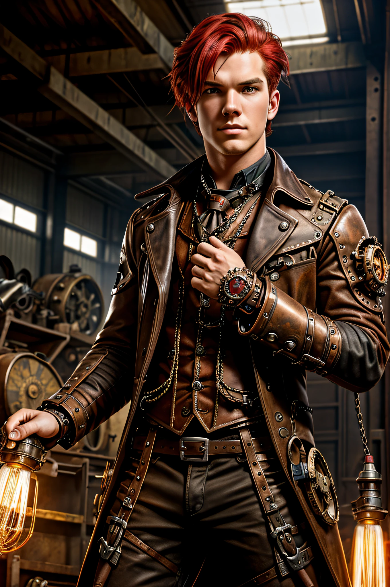 Raw photo, Austin Pierce as young man, red color hair, inside a metal workshop, cracking his knuckles,His interlocking fingers suggest a sense of anticipation and excitement, masterpiece, award winning photography, lighting, perfect composition, high detail, hyper realistic,dramatic lighting, epic, steampunk vibe, ((steampunk:1.1)), well detailed body, masterpiece, high quality image, high resolution, good body