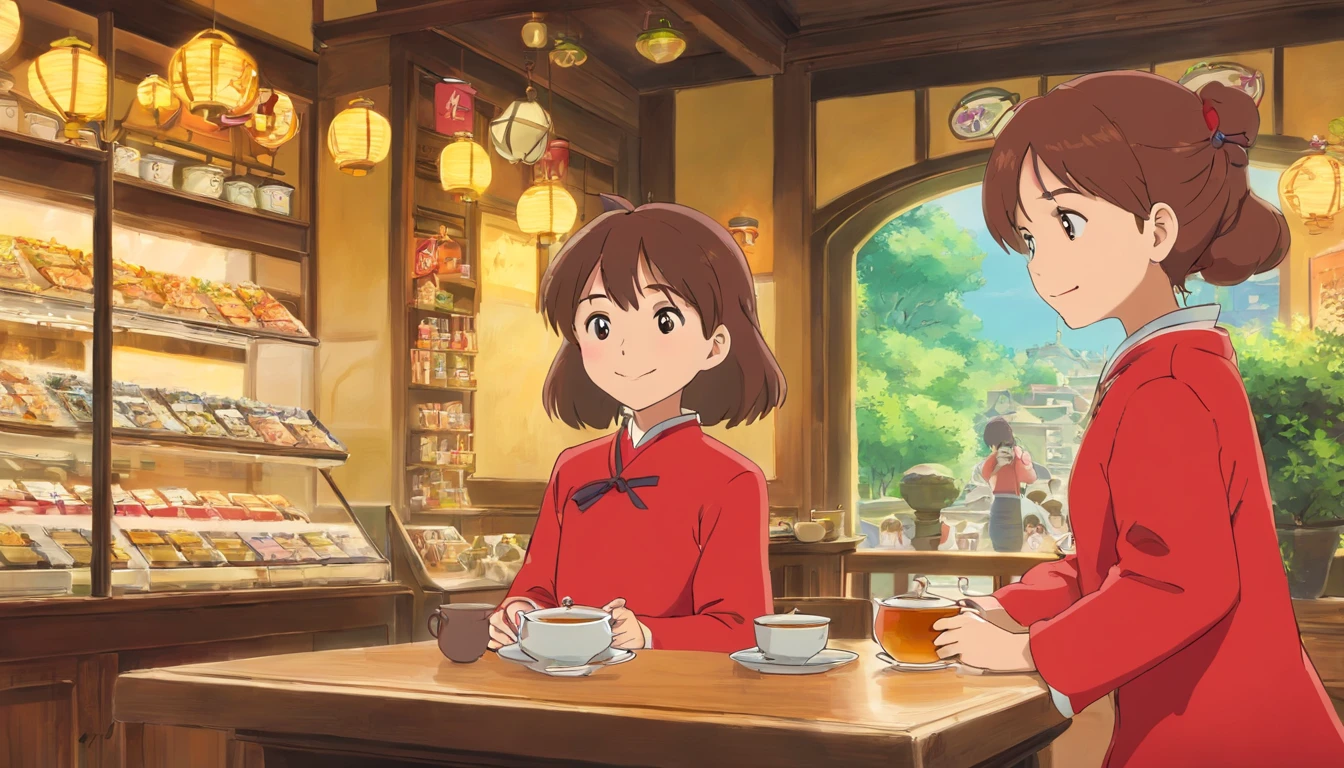 Younger sister,Smiled happily,Younger sister,,Red clothes,Tea shop,Faraway view,Distance