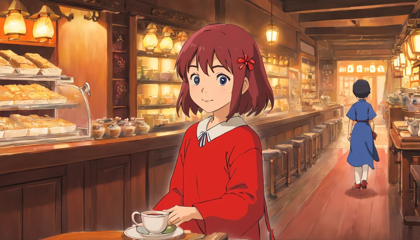 Younger sister,Smiled happily,Younger sister,7 ,Red clothes,Tea shop,Faraway view,Distance