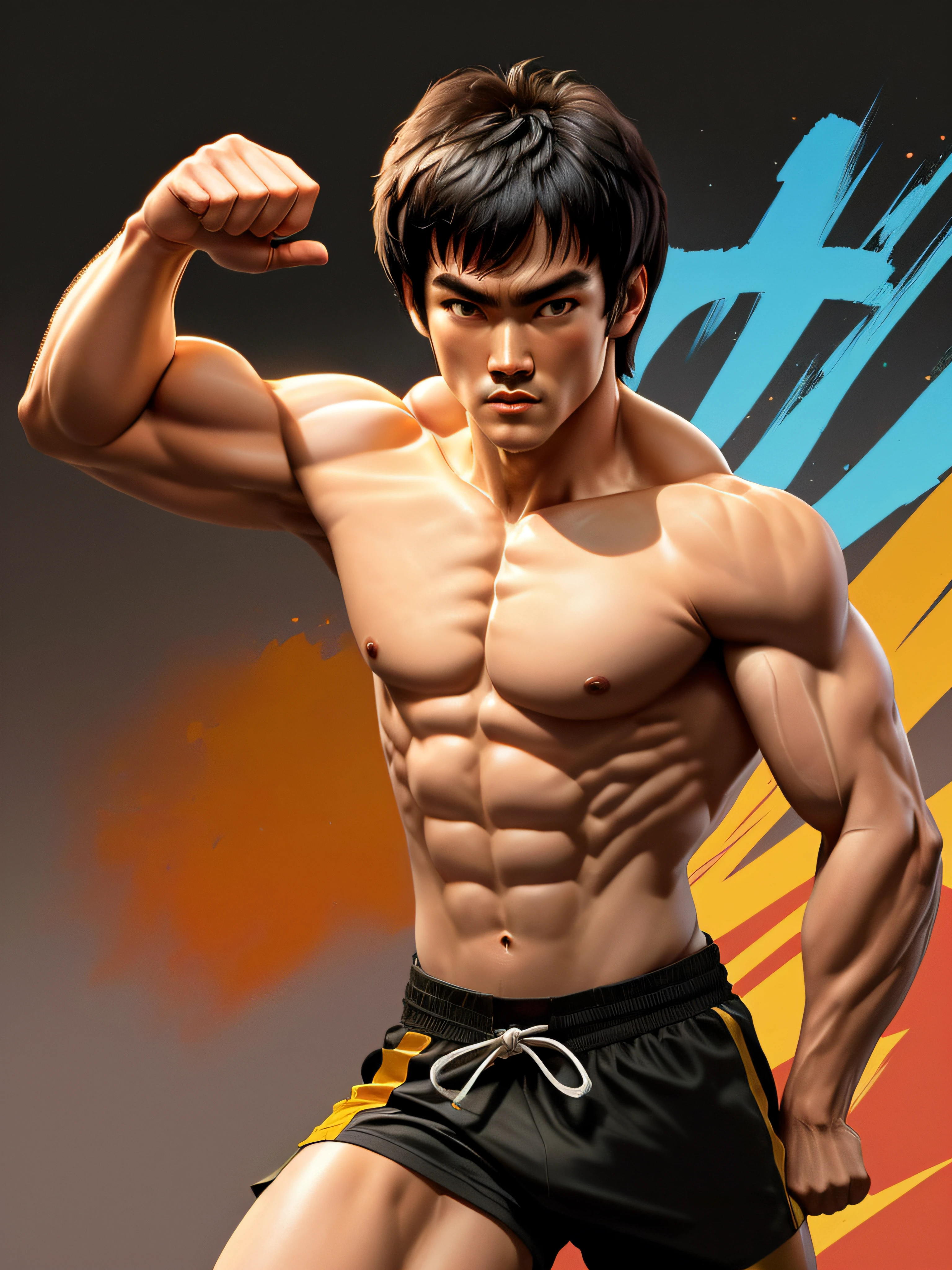 Bruce Lee, kung fu specialist, s'entraîne dans un dojo. musculature impressionnante. regarde le spectateur. Artiste martial. combattant. Kinematic light. cadrage dynamique. hyper detailed.
