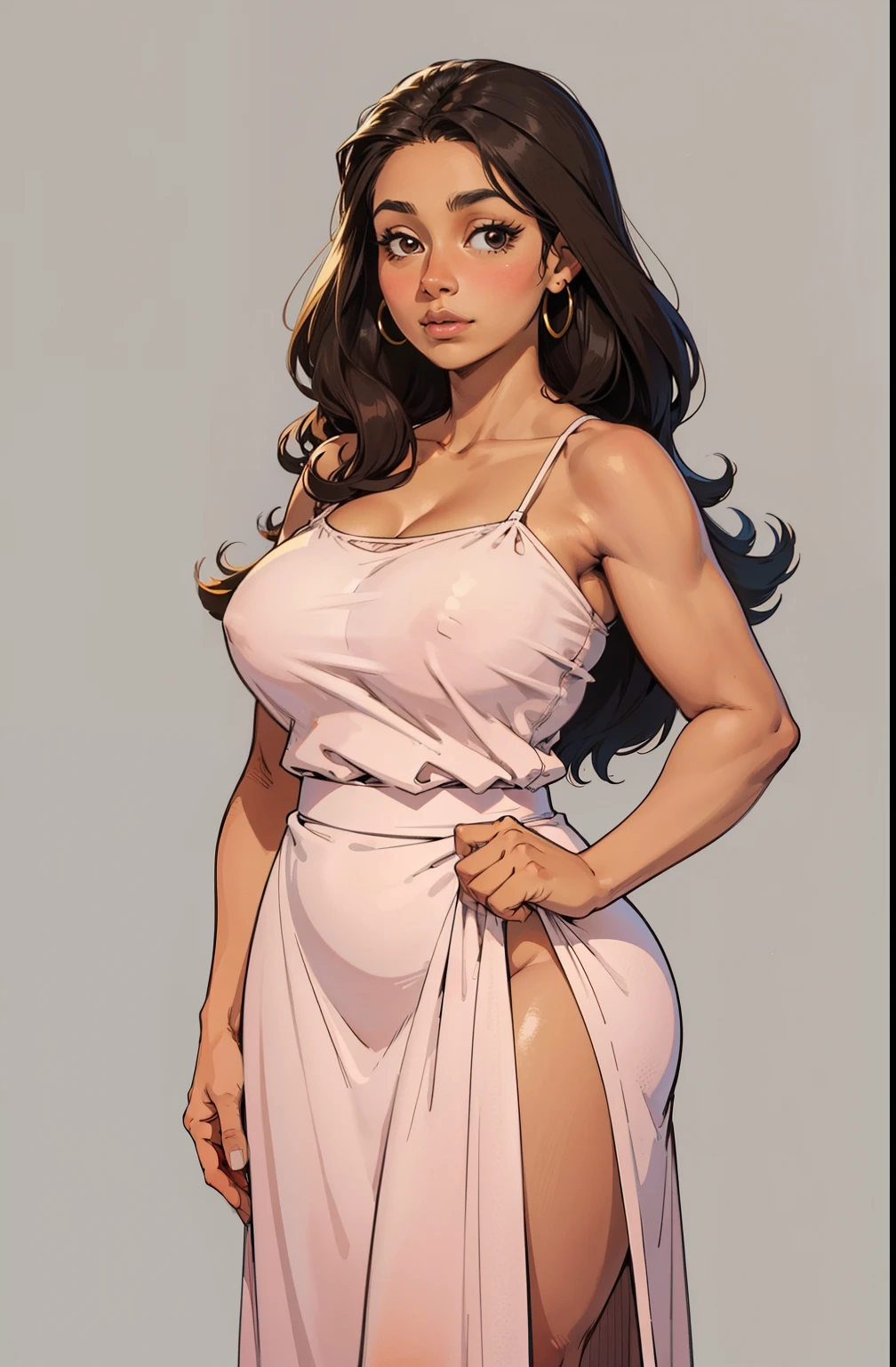 fundo simples, flat, model sheet, one character, simple light, textured flat line background, uma , 30 years old, latina face, brown skin, large body, fat, chubby, long hair, glamour, Stand up, maquiagem, Lips are soft or colored, , silhuetas simples, Stand Up, provocador, surprised facial expression, bashful, large pink dress