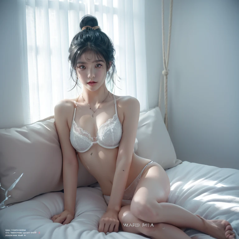 {(tmasterpiece) (8K high resolution) (top-quality) (ultraclear) (Surreal) (A beautyful girl) (Original photography) (真实感) (The most beautiful face) (perfect body figure) (five finger) (Level 9) (china idol)(one-girl) ((large breasted body、The double ponytail hand milk face is flawless)} {(cheng xiao) (Small round face) (Perfect high nose bridge) (large perfect eyes) (beautiful double eyelid) (looking at the camera in)} (Underground room) (Bright lights) ((on top of the bed)) ((Repressive)) ((Hand flail, Anklets, collars)) ((BDSM)) ((turn arms back)) ((Tie the wrist with a rope)) (((legs are open))) ((tie your ankles with rope)) (((body is dripping wet,There is a large amount of white liquid))) (((Scared))) (((Critical hit rate))) (((soaked white bra))) (((Soaked translucent thong panties))) (Fantasyart、real photograph、profesional lighting、The facial details are particularly rich、Award-winning、Depth shadows、Two hands and two feet