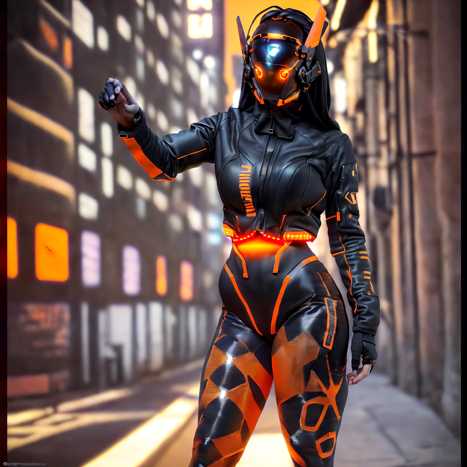 masterpiece, realistic, far shot, full body, muscular, (a man wearing a cyberhelmet with orange led), wearing black techwear jacket, posing for a photo, (long legs:1.3), (thin waist:1.2), street background, HDR, depth of field, blacklight, looking to sides, looking at viewer,