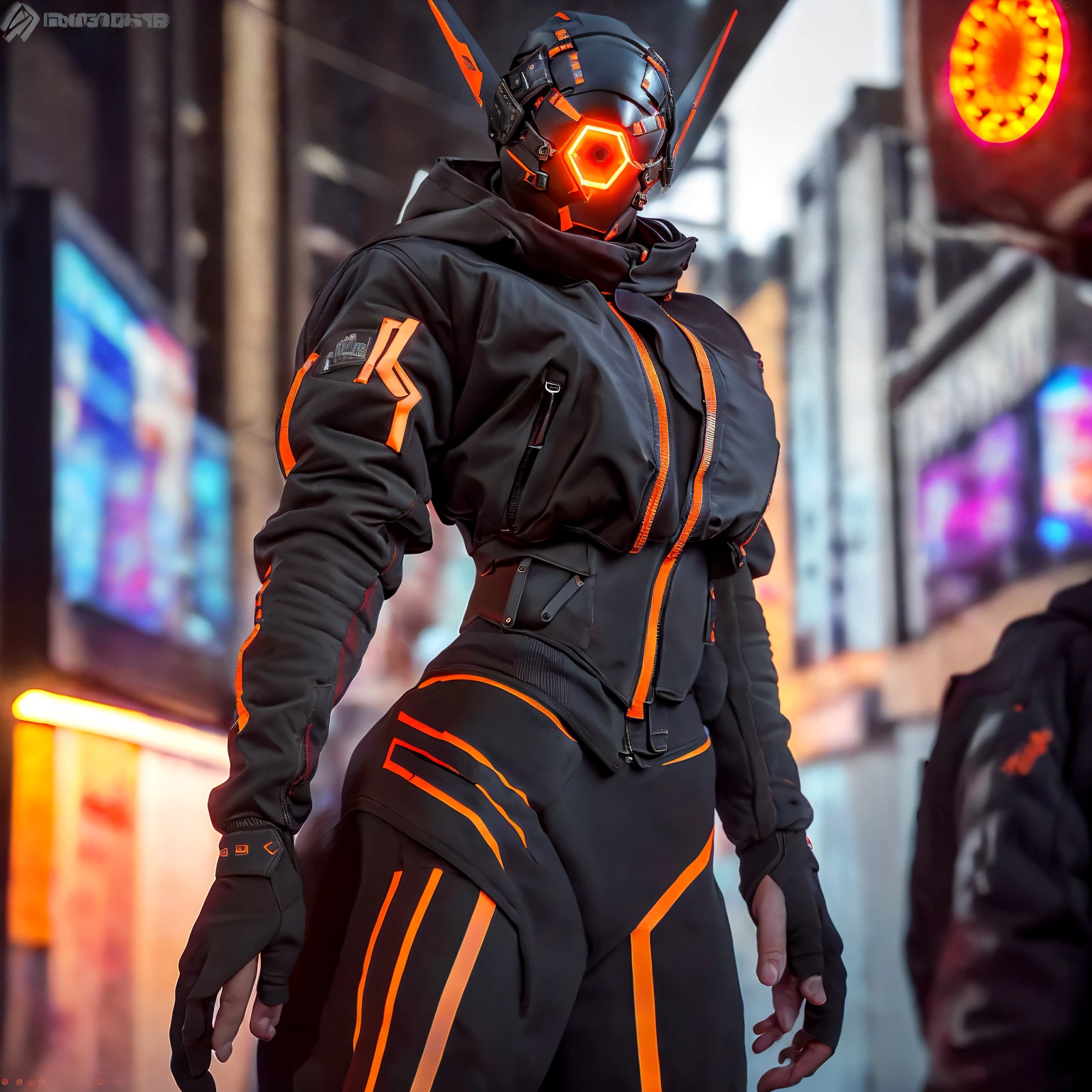 masterpiece, realistic, far shot, full body, muscular, (a man wearing a cyberhelmet with orange led), wearing black techwear jacket, posing for a photo, (long legs:1.3), (thin waist:1.2), street background, HDR, depth of field, blacklight, looking to sides, looking at viewer,