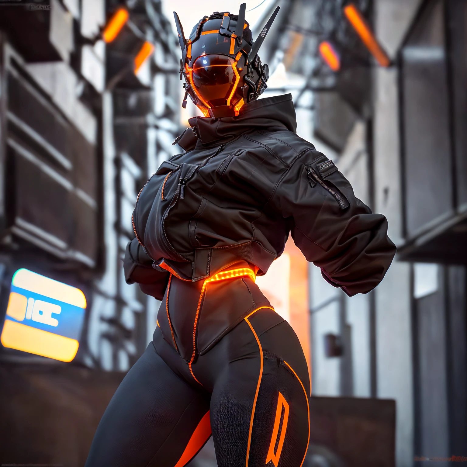 masterpiece, realistic, far shot, full body, muscular, (a man wearing a cyberhelmet with orange led), wearing black techwear jacket, posing for a photo, (long legs:1.3), (thin waist:1.2), street background, HDR, depth of field, blacklight, looking to sides, looking at viewer,