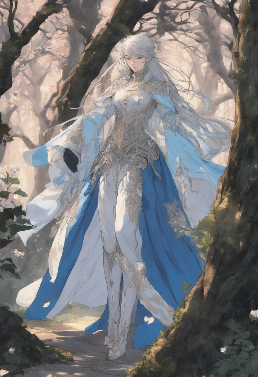 Guts from berserke, at age 28,covered in wonds, look slightly tierd and with a slight smile, setting alon under a tree at a drk forest, the tree slightly glows with blue cloer.