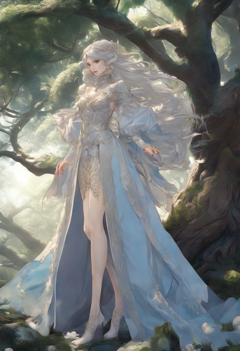 Guts from berserke, at age 28,covered in wonds, look slightly tierd and with a slight smile, setting alon under a tree at a drk forest, the tree slightly glows with blue cloer.