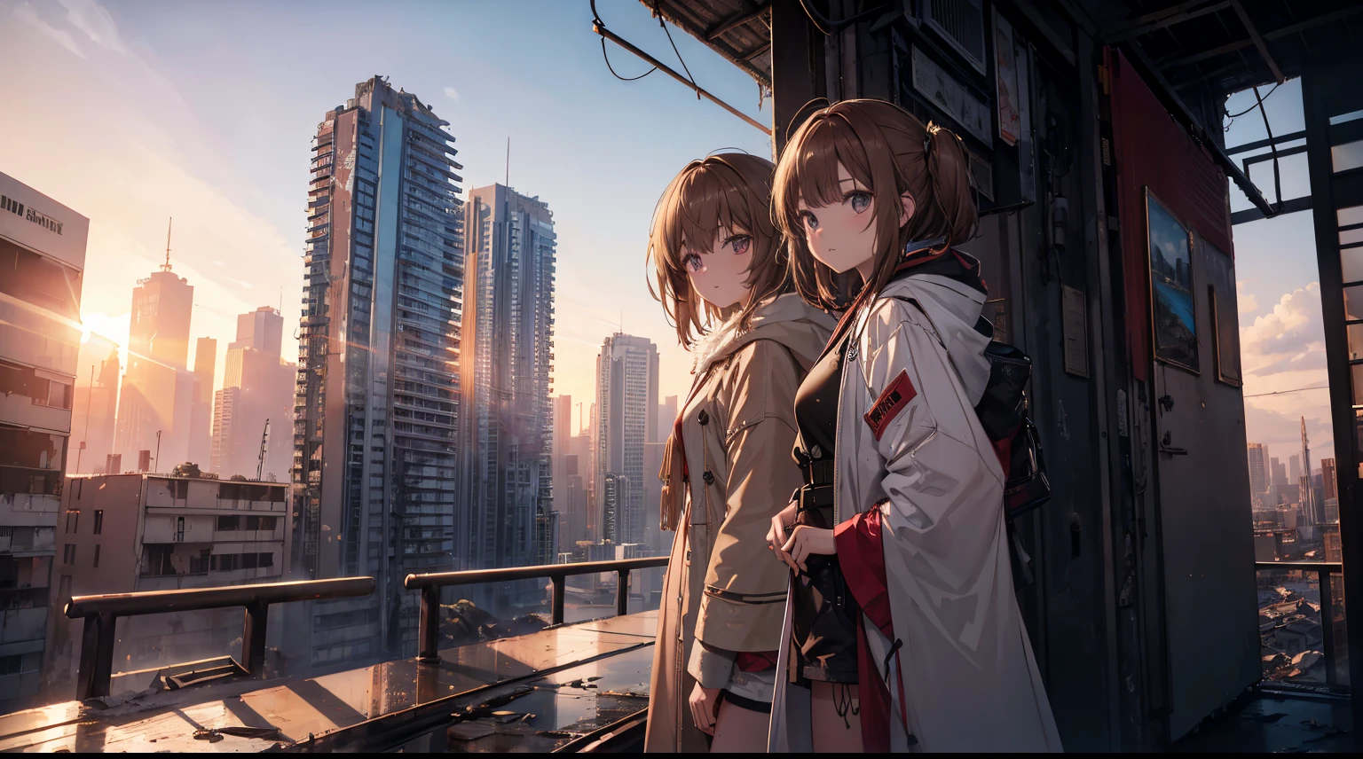 tmasterpiece,Hyper Real,4K best picture quality,Extremely vivid,Ruins of the city,In the distance are the ruins of high-rise buildings,Sunset afterglow,full bodyesbian,A scavenger girl in shabby clothes,Dirty,brown hair,Shabby beige robe with hood,Standing on the dilapidated highway,Large aperture portrait,strong visual impact,contrast of light and shadow,Super authentic texture,strong visual impact