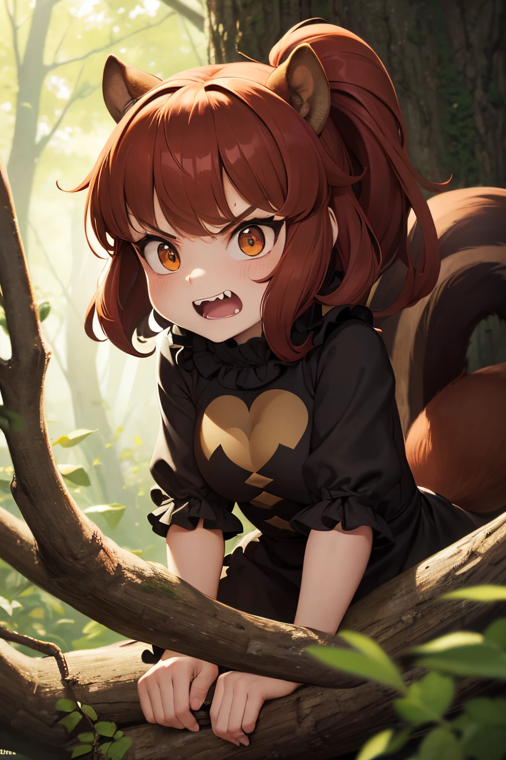 1 Squirrel Girl, showing teeths, angry, forest scenario, wearing a short gothic dress, long hair, on a tree, without human ears