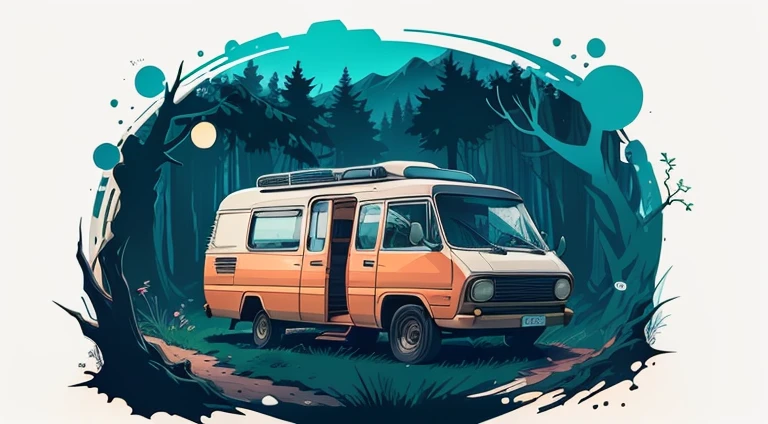 campervan in the woods with sunglasses happy logo for print on demand white background