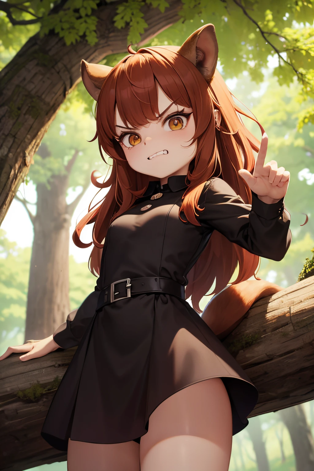 1 Squirrel Girl, showing teeths, angry, forest scenario, wearing a short gothic dress, long hair, on a tree, without human ears