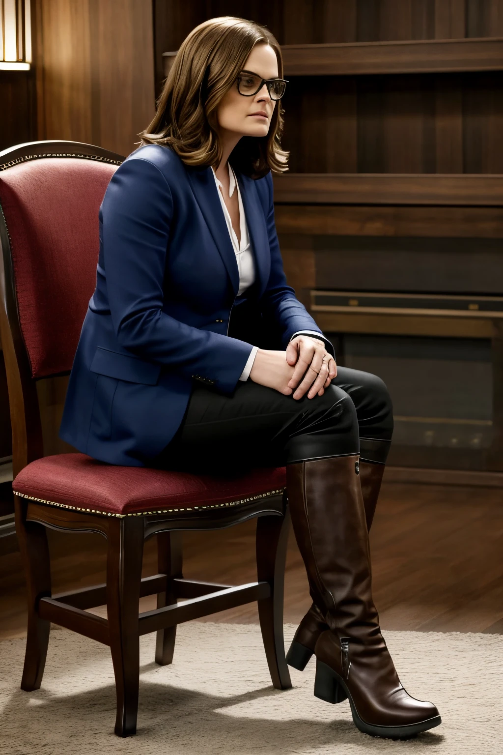 Emily Deschanel als Domina, sitz auf einem Klappstuhl mit Klobrille darauf, , She pisst durch die klobrille, Urinstrahl ist gut zu erkennen, Lack und Leder, Whole body is visible, Stiefel bis ende der Oberschenkel, haarige Muschi ist nackt,