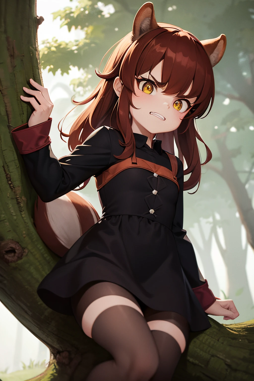 1 Squirrel Girl, showing teeths, angry, forest scenario, wearing a short gothic dress, long hair, on a tree, without human ears