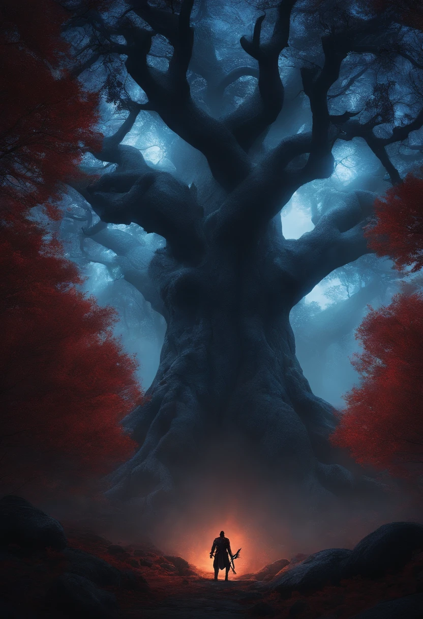 Guts from berserker, at age 28,covered in slight blood, look slightly tierd and with a slight smile, setting alon under a tree at a drk forest, the tree slightly glows with blue color.
