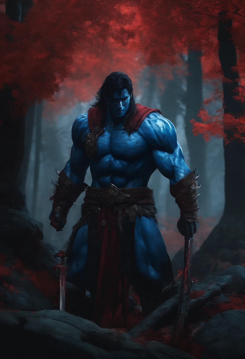 Guts from berserker, at age 28,covered in slight blood, look slightly tierd and with a slight smile, setting alon under a tree at a drk forest, the tree slightly glows with blue color.