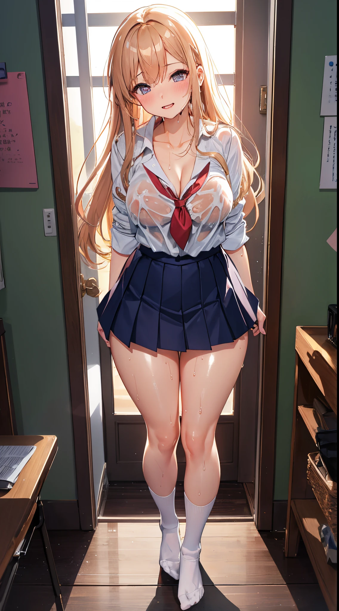1girl in, Parted lips, blush, makeup, lightsmile, School uniform, Full body, Wide Angle, From  above, crass room, llight rays, Glow, thighs thighs thighs thighs, 鎖骨, Narrow waist, (masutepiece), Wallpaper,Wet body、Drooling、White socks、Chest about to burst、cum shots
