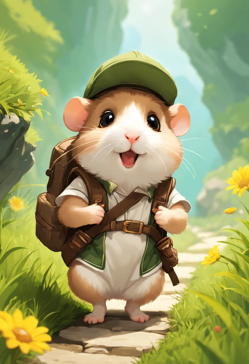 ((tmasterpiece)), Best quality, (8K, Best quality, tmasterpiece:1.2), ultra - detailed, illuminations, Hamster Adventurer，Wear outdoor adventure clothing,Wearing an adventure hat，Carrying an adventure backpack。Explore the virgin jungle。
