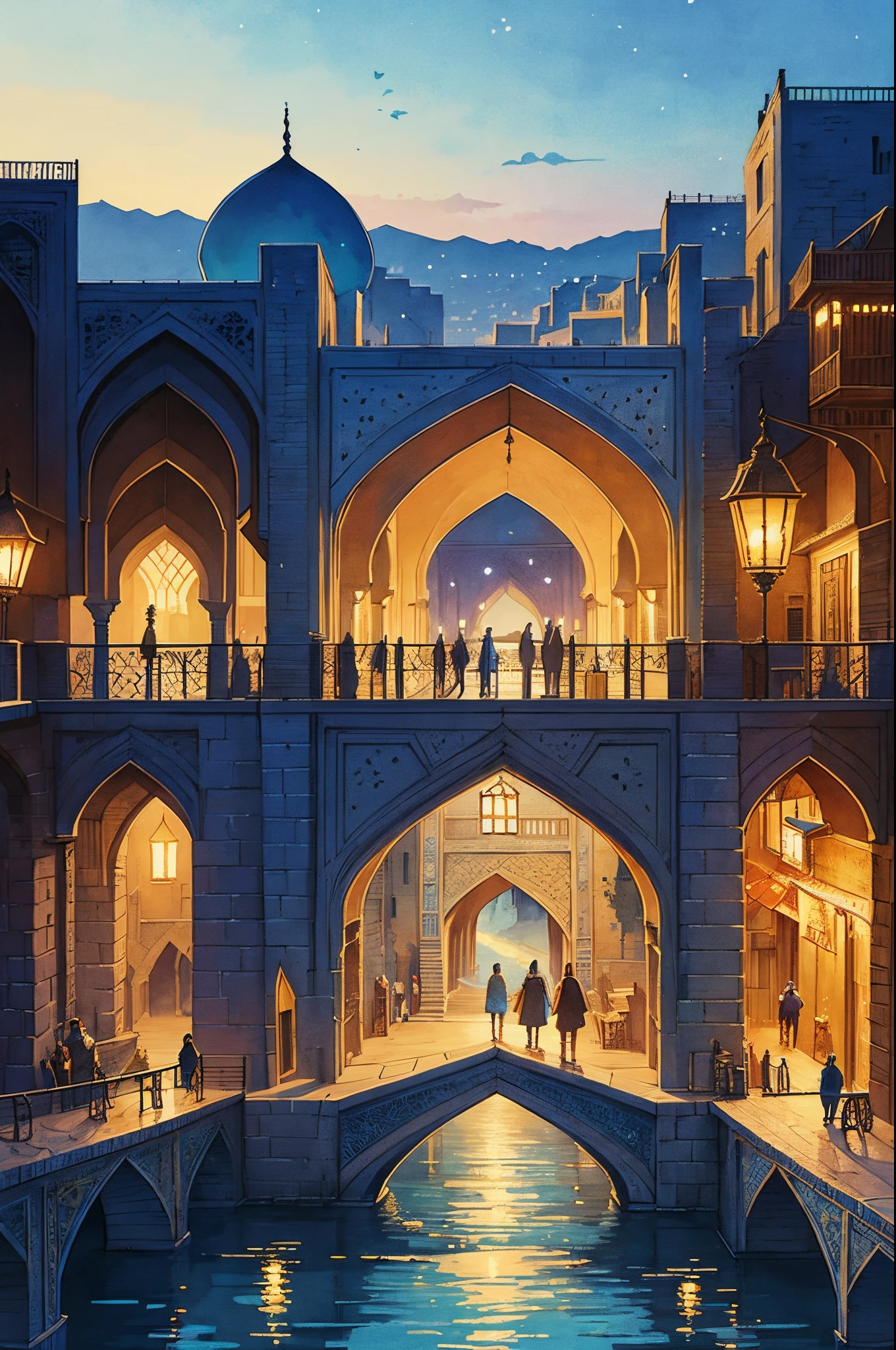 alcohol ink on textured paper, soft textures, gentle ink lines, washed ink, nuanced colors, vignette, illustration of the bridge in Isfahan city, whimsical, enchanting illustration, trending on ArtStation, dramatic twilight, Iranian miniature style