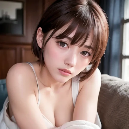 a girl with short brown hair laying on the sofa covered by blanket, clear eye, (look down at the viewer:0.8), detached sleeves, open mouth, bangs, white sleeves, white glove, blue hair, 1girl, shiny skin, (masterpiece;1.0), (photorealistic:1.4), (soft focus:1.2)