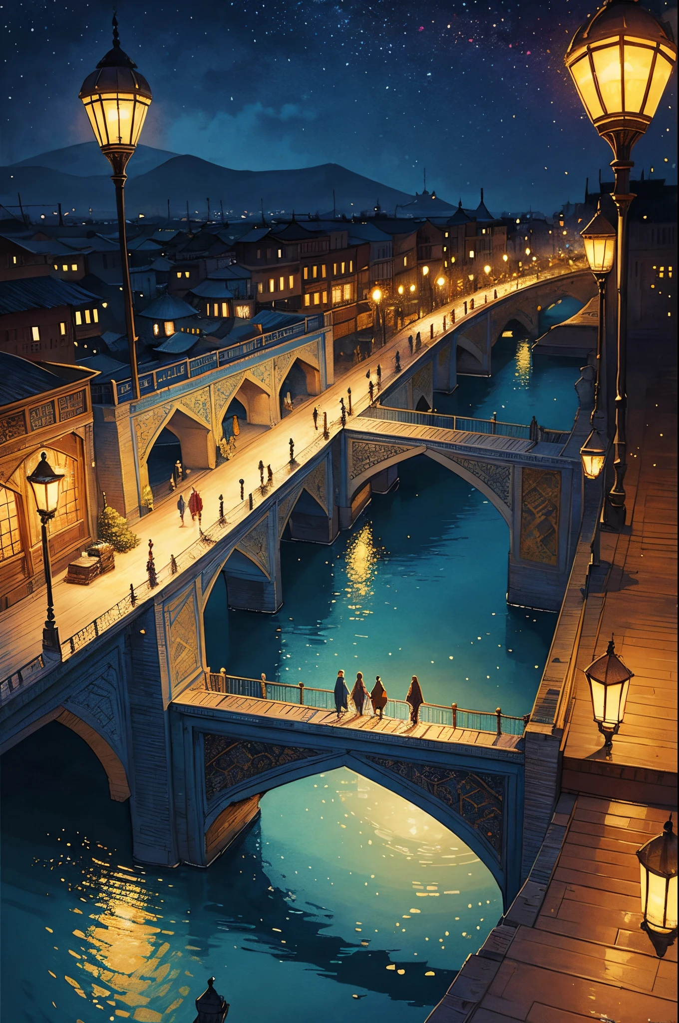 alcohol ink on textured paper, soft textures, gentle ink lines, washed ink, nuanced colors, vignette, illustration of the bridge in Isfahan city, whimsical, enchanting illustration, trending on ArtStation, dramatic twilight, Iranian miniature style