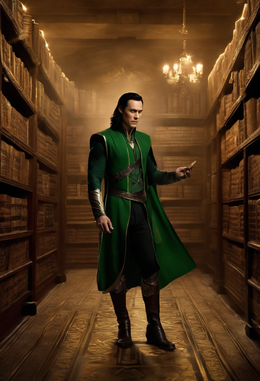 A photo of Loki browsing through ancient tomes in the Asgardian library,Marvel Cinematic Universe,Loki, the “God of Mischief” is depicted in Marvel Comics and the Marvel Cinematic Universe, as a figure of mischief and complexity. he is seen with slicked-back black hair, often wearing a green and gold Asgardian costume that reflects both his royal heritage and his penchant for flair., male