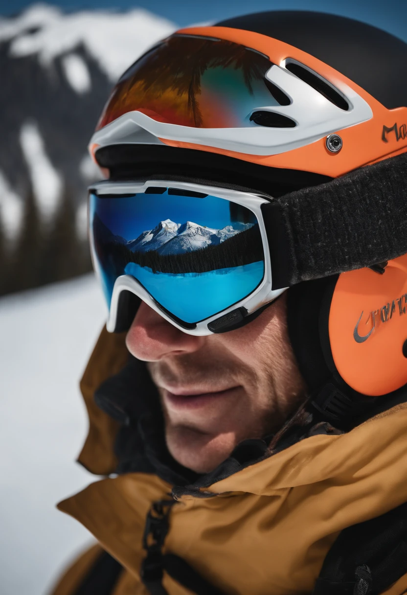 An artsy shot of the ski instructor's reflection in mirrored goggles, with the snowy mountain landscape perfectly captured in the lenses,original,a quintessential ski bum, lives and breathes the slopes of Jackson Hole, with his sun-bleached hair, weathered skin, and a perpetual grin beneath his mirrored goggles. His attire is a colorful mishmash of vintage ski gear, patched up from years of backcountry adventures, embodying his free-spirited and carefree approach to life. , male