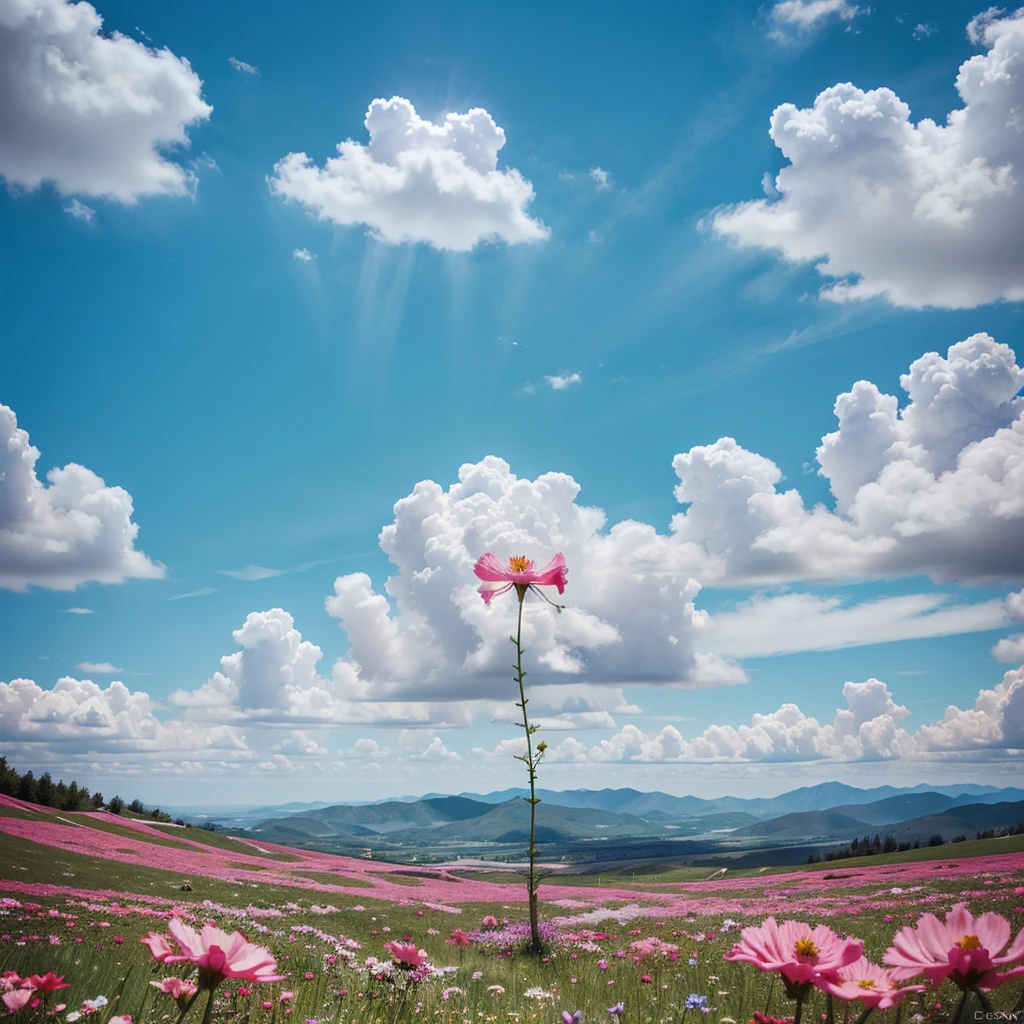 Cosmo flowers with the blue skies as background, (ultrahigh definition), (8k resolution), (wallpaper)