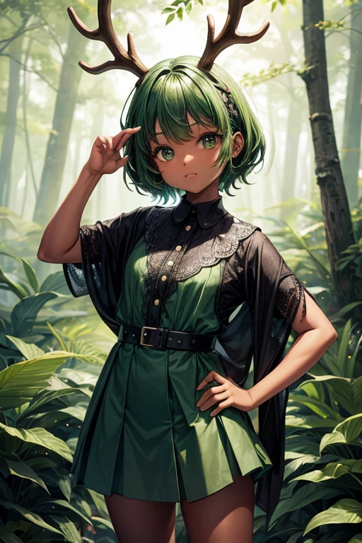 A 6-year-old black girl standing in a forest, green hair, antlers, (various poses)
