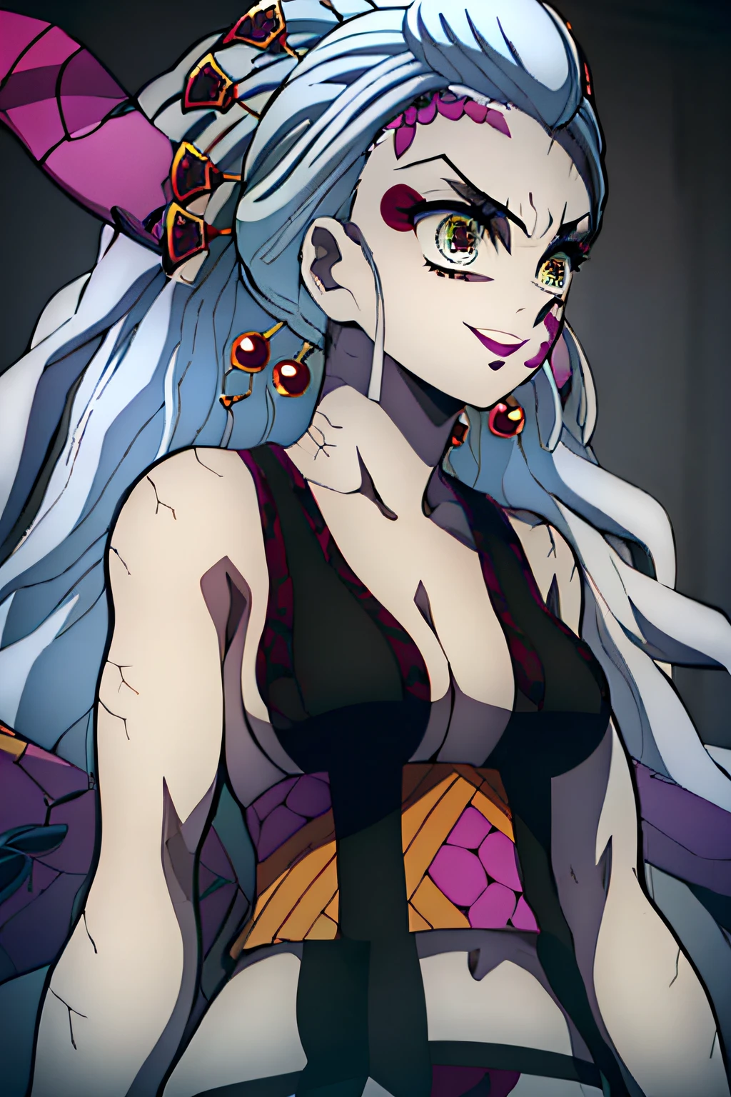 Obra maestra, La mejor calidad, Altas Resoluciones, daki-def, daki-blanco, 1girl, solamente, Cabello largo, senos, Mirando al espectador, They are smiling, adorno para el cabello, muslosaltos, ombligo, escote, senos medianos, Pelo muy largo, boca cerrada, cana, cabello multicolor, marca facial, Palillo para el cabello, (piel agrietada:1.4), ojos-daki, bathing bathroom, desnudo, ???????, armpits, belly