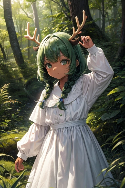 A 6-year-old black girl standing in a forest, green hair, antlers, wearing white (various poses)