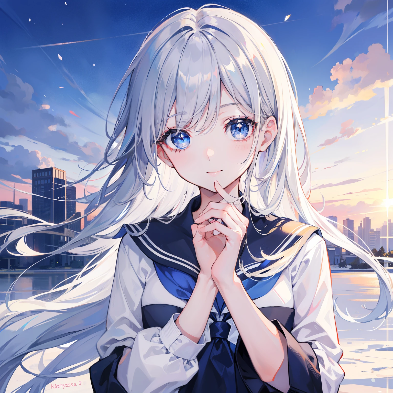 Gray school uniform, Long hair, blue eyes, background blurred sunlight, Sunset, innocent smile, Ultra High Definition Image Quality, dazzling masterpiece, light makeup, Crystal clear fair skin, Sparkling winter landscape, upper-body 。