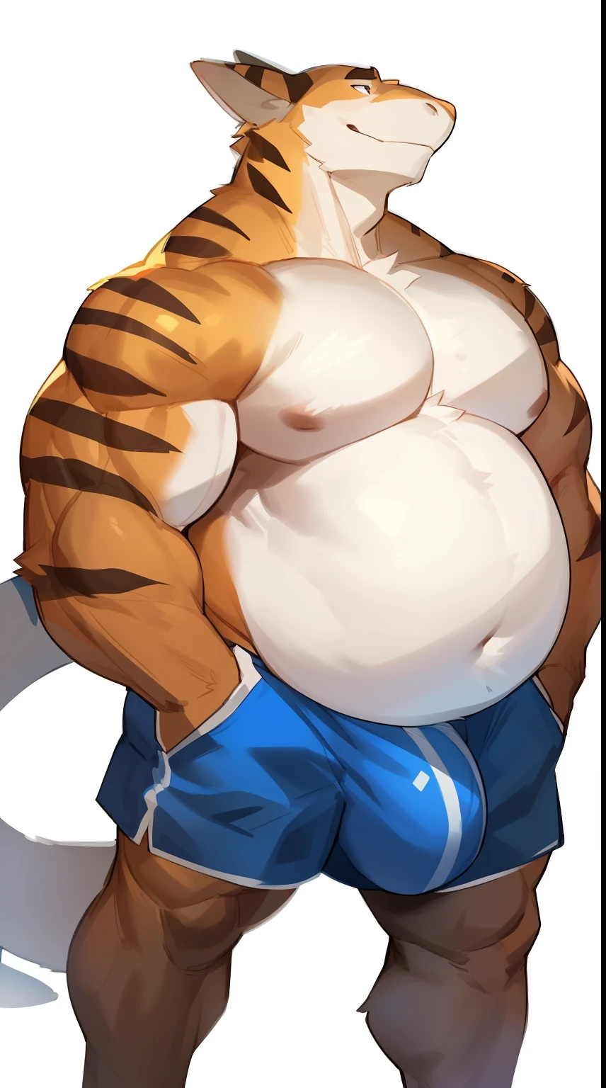 Solo, male, (((muscular, massive, enormous, powerful, huge, giang, gigantic, biceps, pecs))), standing, shark, big bulge, cargo shorts, by bebebebebe, by darkgem, by mystikfox61, no bacground, white background, male focus, musclegut, gut, round stomach, belly, belly bigger tham body, massive belly, bara build.