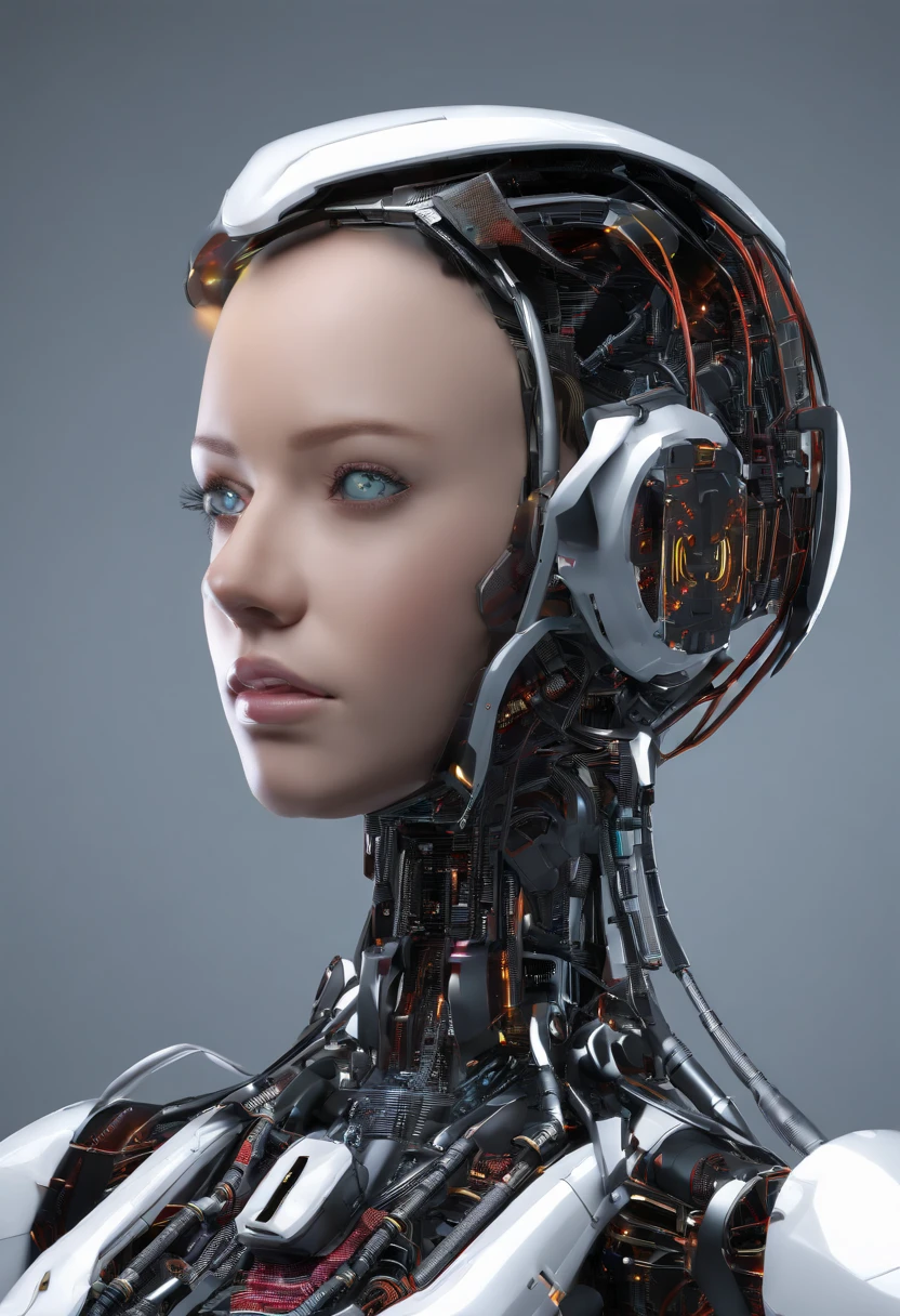 Robot woman, mulher cyborgue, como Jenna Ortega, inspirado com rosto de Jenna Ortega, science fiction, Front view, senso de tecnologia, c4d, renderizador OC, Motor irreal, High detail, desenho industrial, HD 8K, studiolight, retro