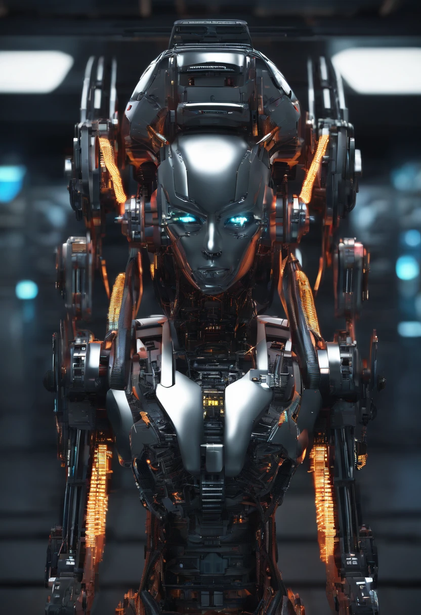 Robot woman, mulher cyborgue, como Jenna Ortega, inspirado com rosto de Jenna Ortega, science fiction, Front view, senso de tecnologia, c4d, renderizador OC, Motor irreal, High detail, desenho industrial, HD 8K, studiolight, retro