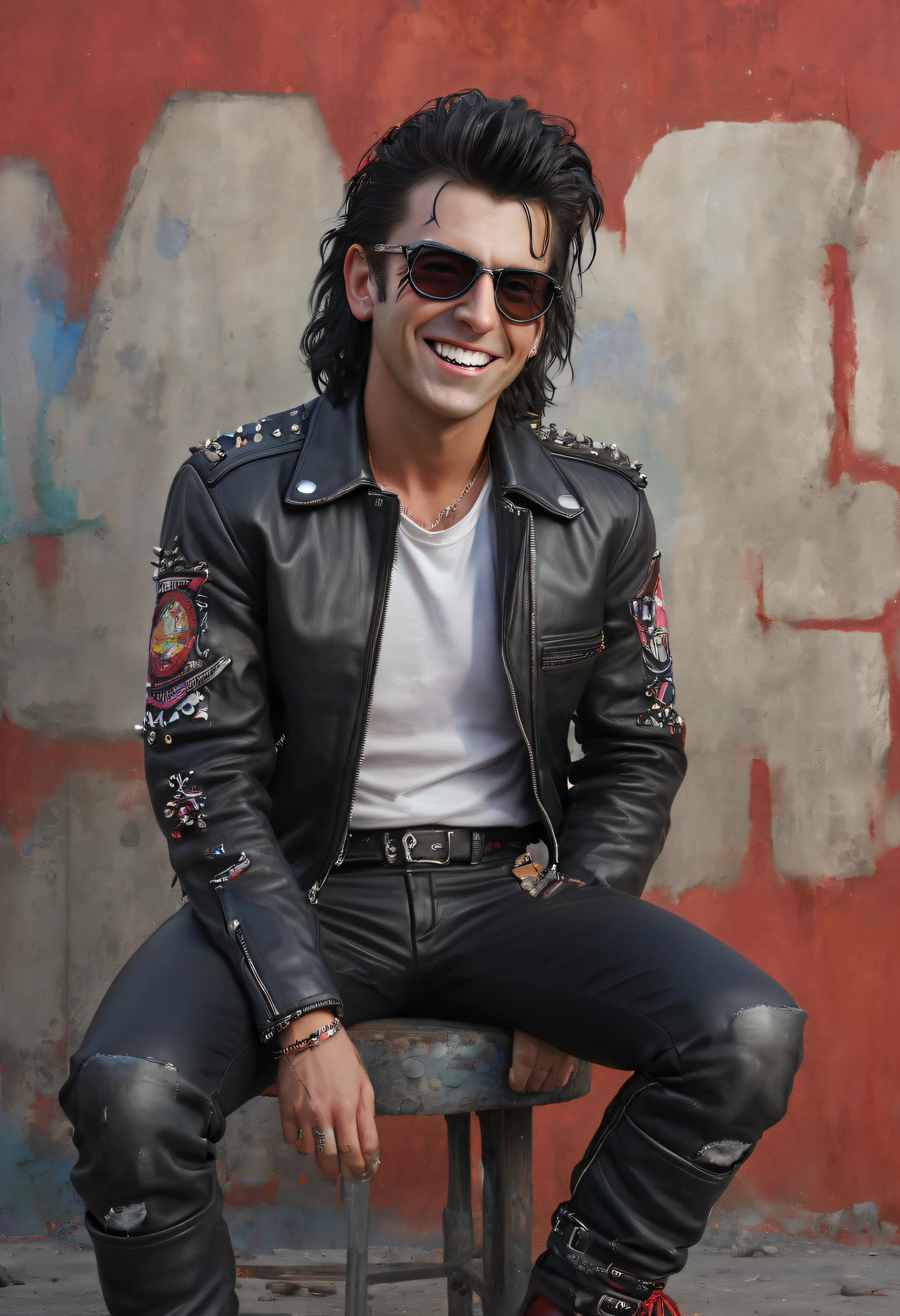 "Facial portrait, 32k ultra-hd, hyper realistic, extremely detailed, 3d - young 20-year-old Alice Cooper as Danny Zuko, happy face, facial portrait, wearing a black, studded leather jacket and pants with a pair of heavy punk rocker platform boots, and a knee brace, post-apocalyptic 1950's wasteland, red 1957 Chevy bel air, smiling, hyper realistic, colorful, 32k 3d ultra-hd, bright, multicolored, watercolor painted wall in the background" short neck