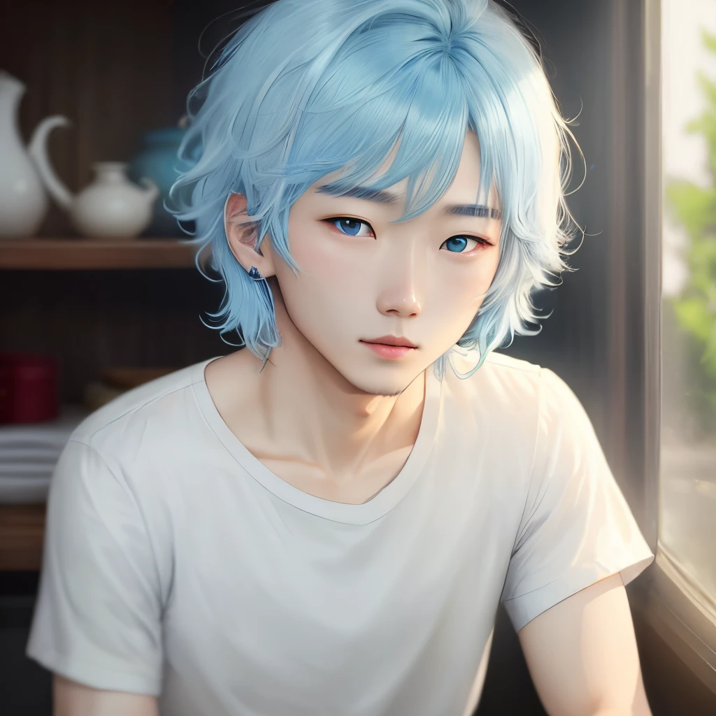 shoun，Short light blue hair，white  shirt，pupils，Light blue eyes