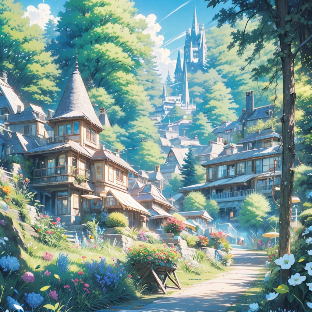 European style house，The Wizarding World of Harry Potter， Anime background art, anime style cityscape, Magical and colorful magical world , Immerse yourself in a fantasy atmosphere full of wonder and magic ,In the center of the city stands an awe-inspiring gemstone, the World Tree, Towering over the landscape，Straight to the sky,Its trunk is huge and gnarled, The branches are sparkling with colorful gems. beautiful anime scenery, There are orcs on the street，Leprechaun，Little monsters surround the big tree