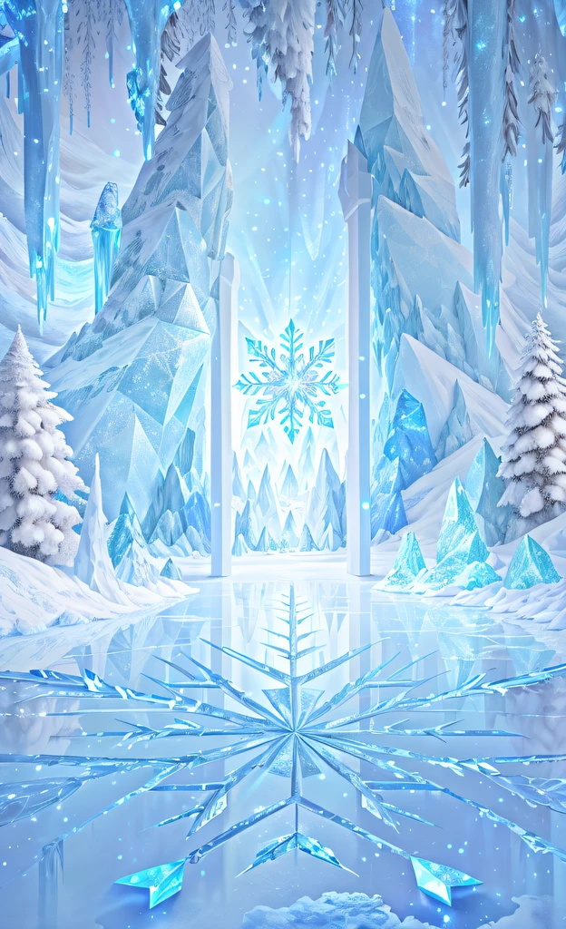 There are frozen scenes of trees and snowflakes, Background of ice pillars, light kingdom backdrop, Crystal clean room, Ice Gate, Surreal frozen landscape, Frozen tundra background, Vast Ice Dungeon, Winter Fantasy Scene, Winter concept art, Crystal Forest, anime background art, Beautiful fractal ice background, Entrance to the etheric realm, Ice town at 2 0 8 0