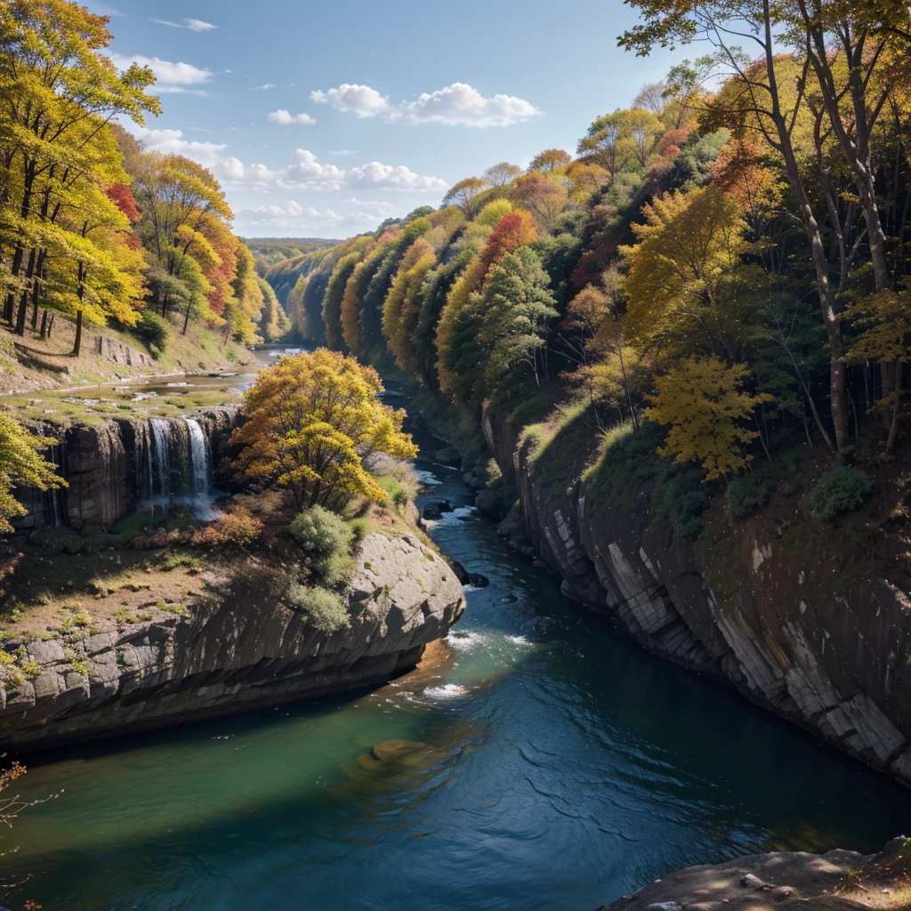 An autumn tree on a cliff, overlooking a long winding river, across is a waterfall, blue skies, sun shining brightly, (8k resolution), (wallpaper), (ultra high definition)