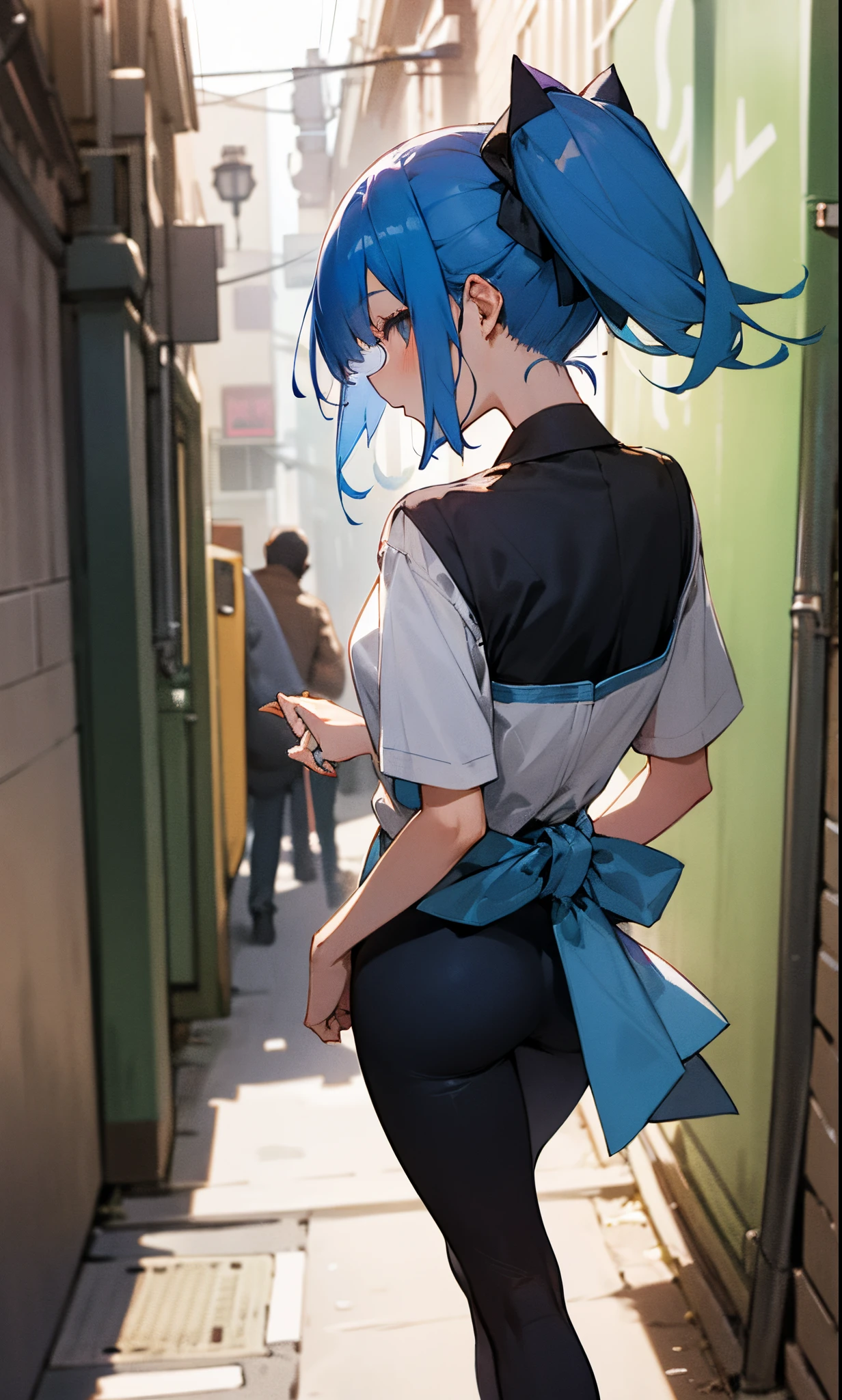 Blue hair pomytail girl in a cafe outfit with fair skin get picked up from the back by a man and  in an alleyway
